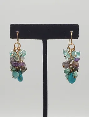 Vintage Amethyst and Turquoise Nugget Bead Gold Tone Dangle Earrings