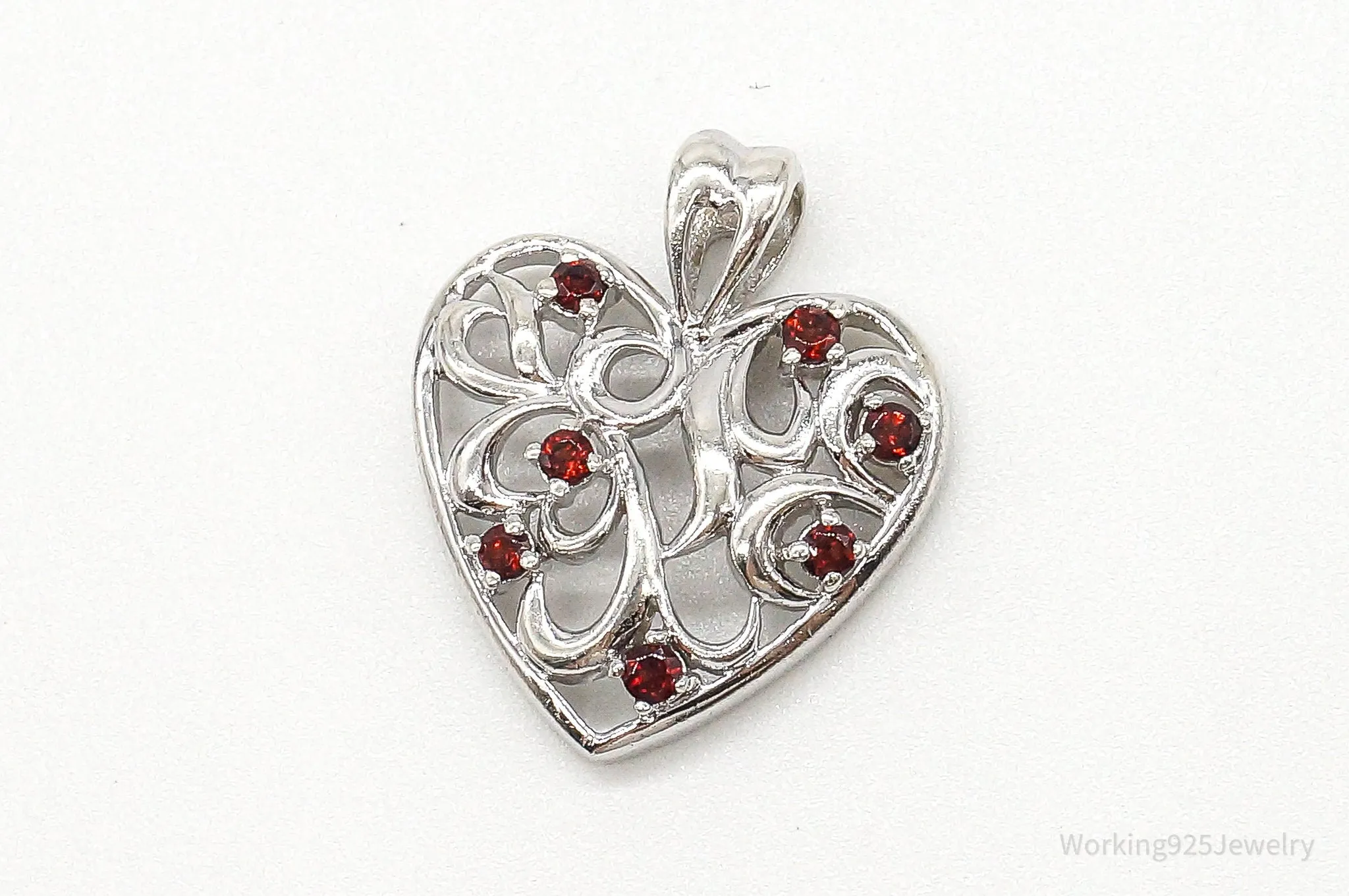 Vintage Designer CID Garnet Heart Sterling Silver Pendant