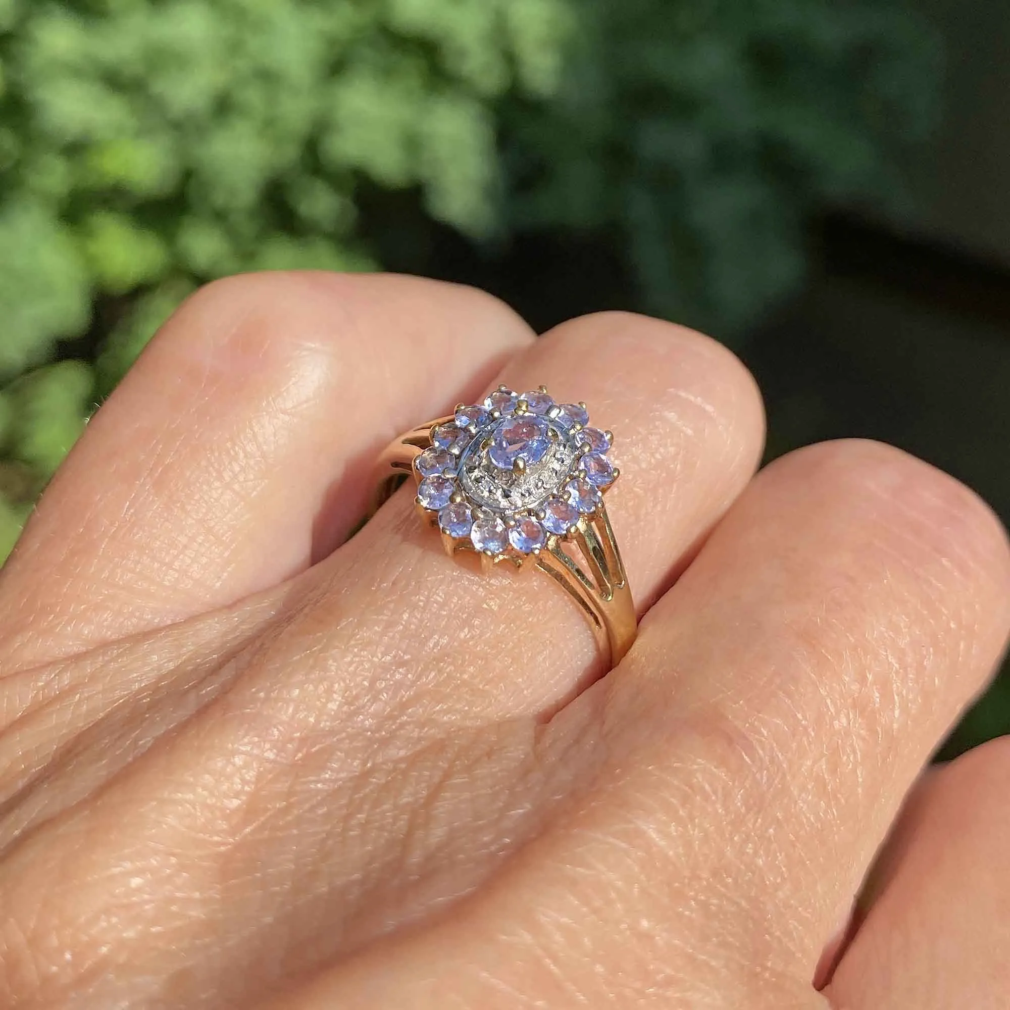 Vintage Diamond Halo Tanzanite Cluster Ring