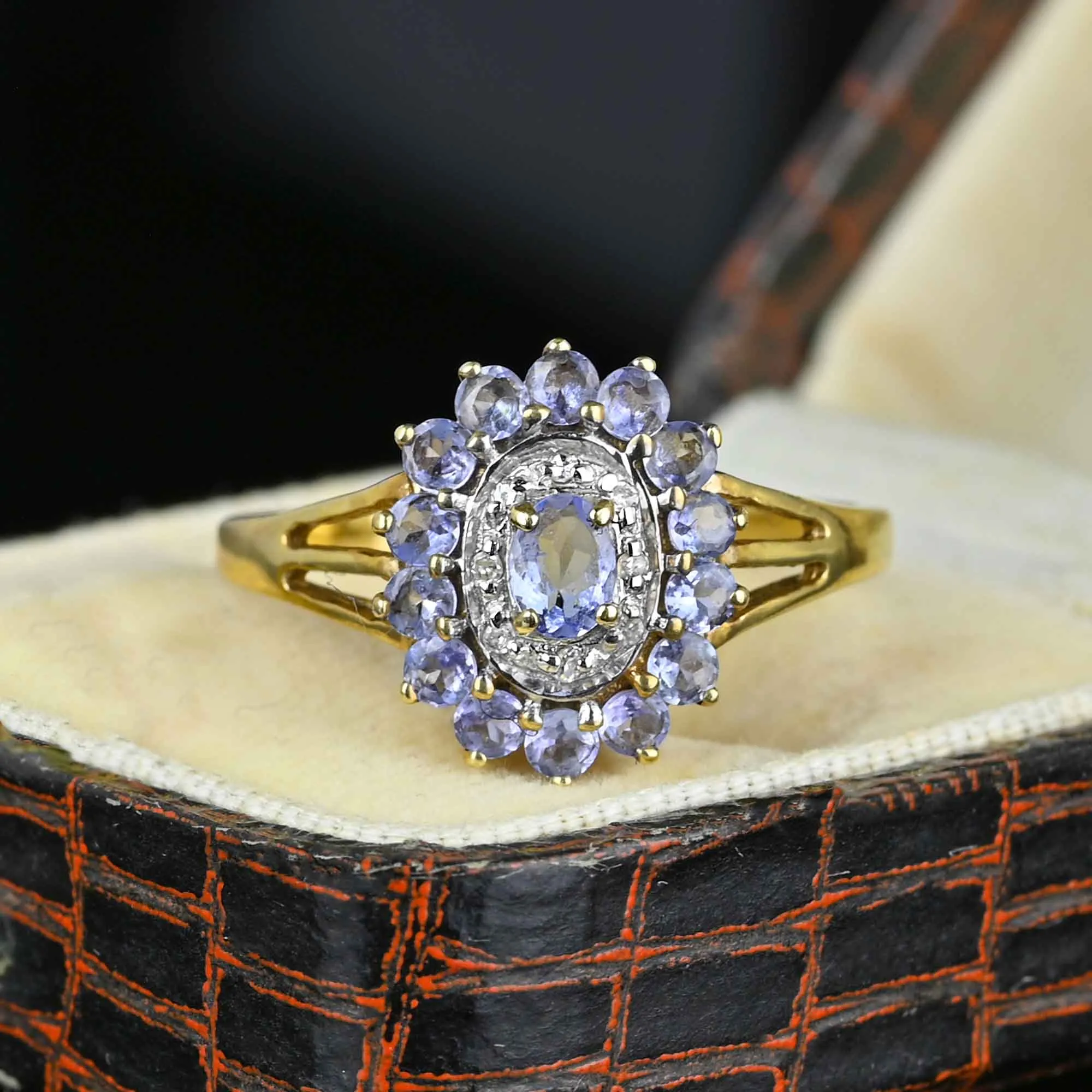 Vintage Diamond Halo Tanzanite Cluster Ring