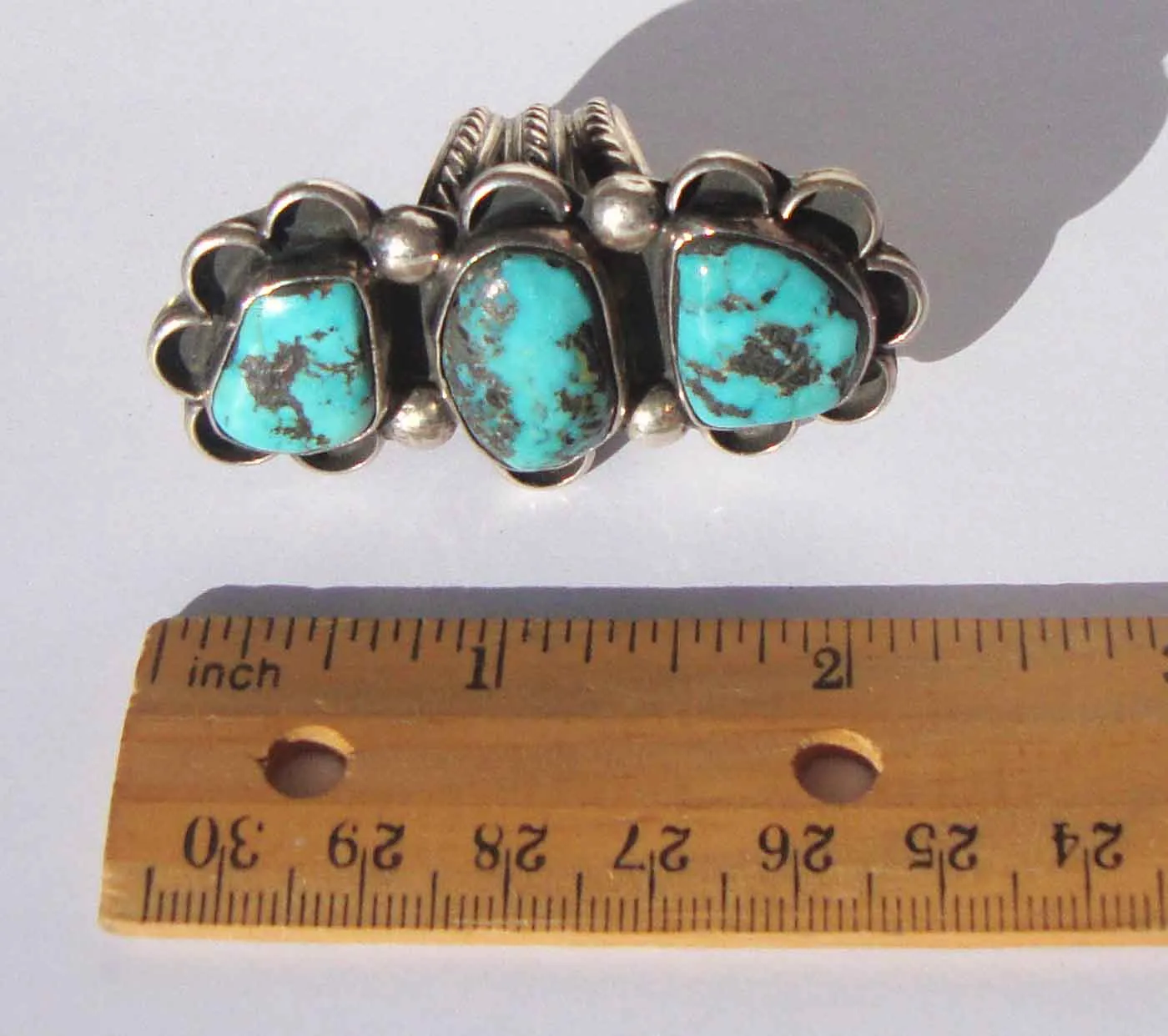 Vintage JLC Chimney Butte Ring Kingman Turquoise & Sterling Triple Stone Sz 8