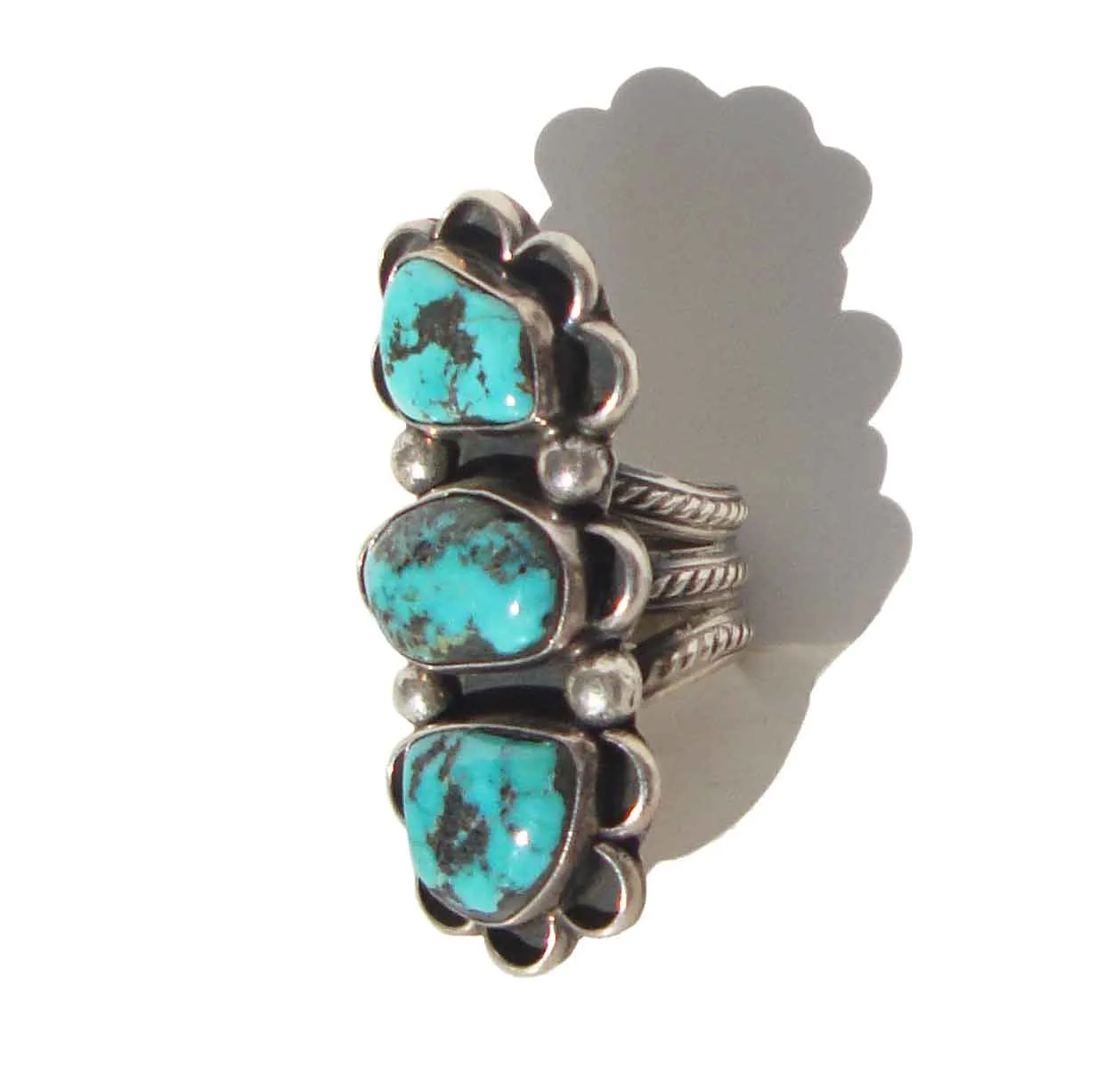 Vintage JLC Chimney Butte Ring Kingman Turquoise & Sterling Triple Stone Sz 8