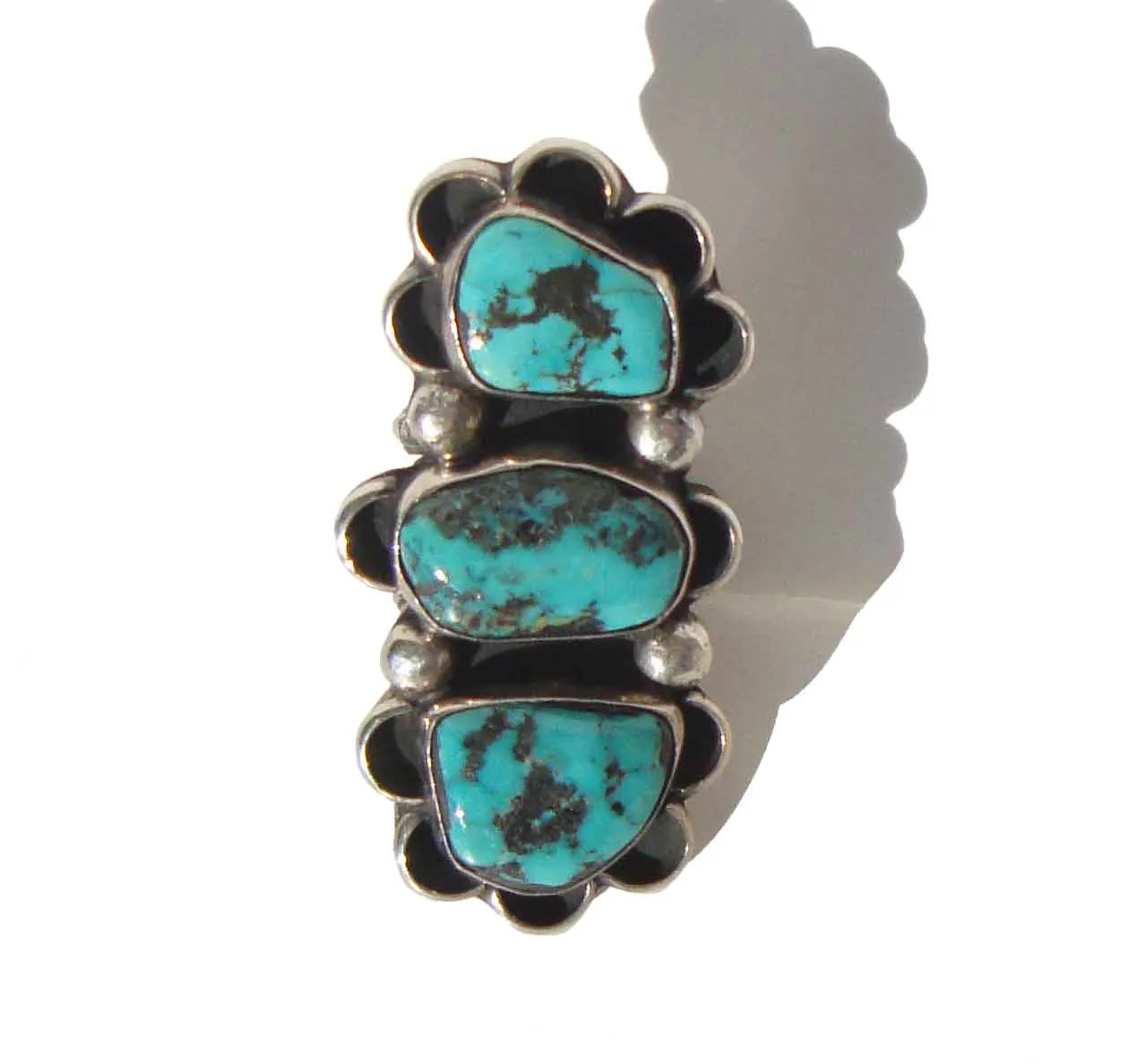 Vintage JLC Chimney Butte Ring Kingman Turquoise & Sterling Triple Stone Sz 8