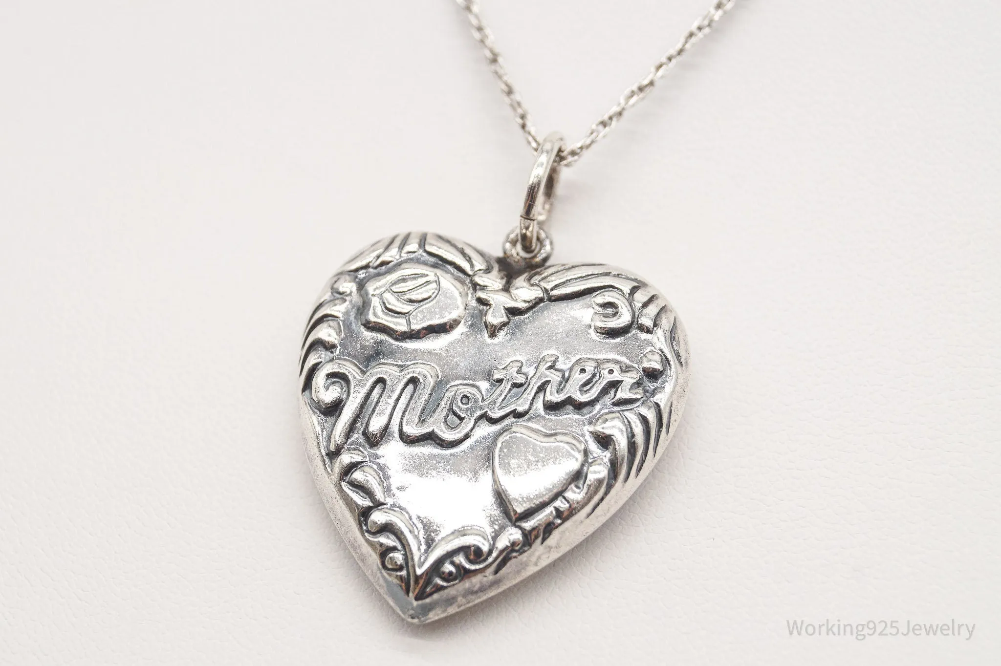 Vintage Large Puffy Heart Mother Charm Sterling Silver Necklace