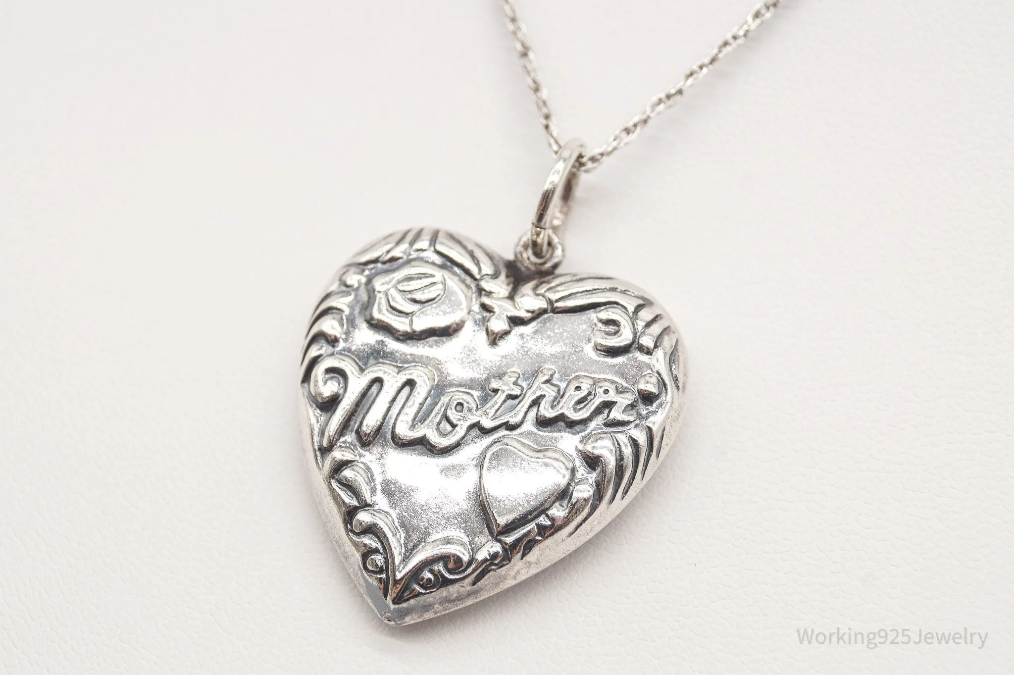 Vintage Large Puffy Heart Mother Charm Sterling Silver Necklace