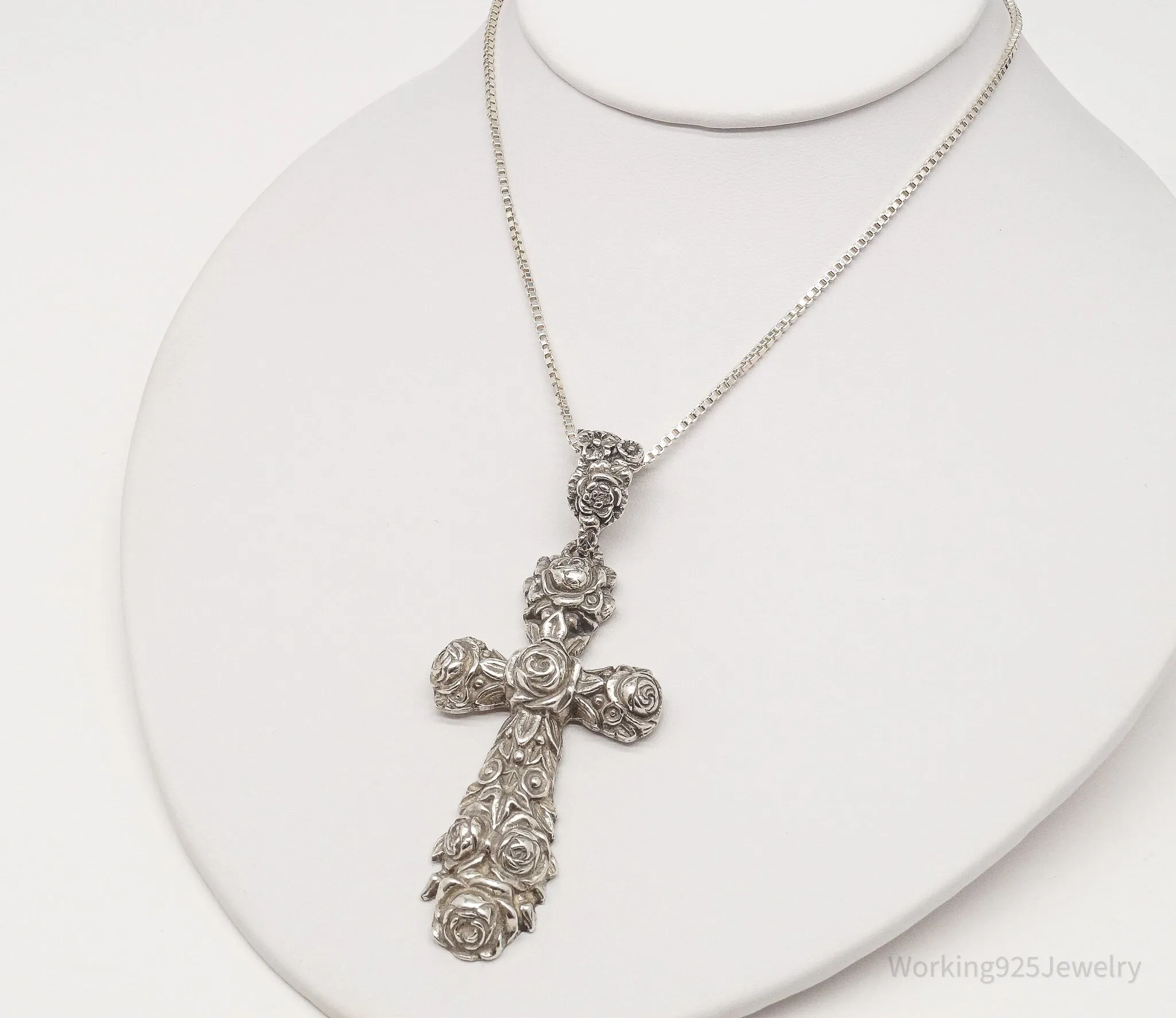 Vintage Large Rose Cross Sterling Silver Necklace 30"