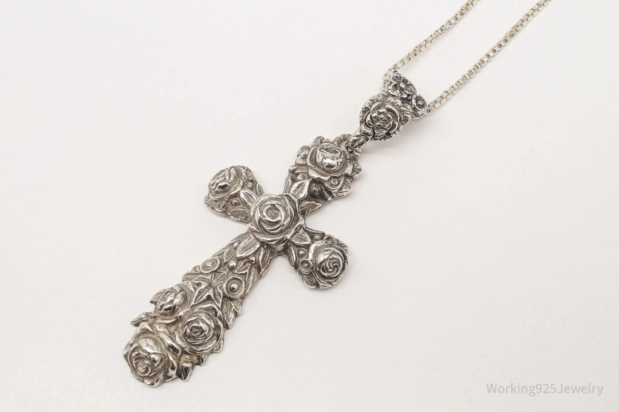 Vintage Large Rose Cross Sterling Silver Necklace 30"