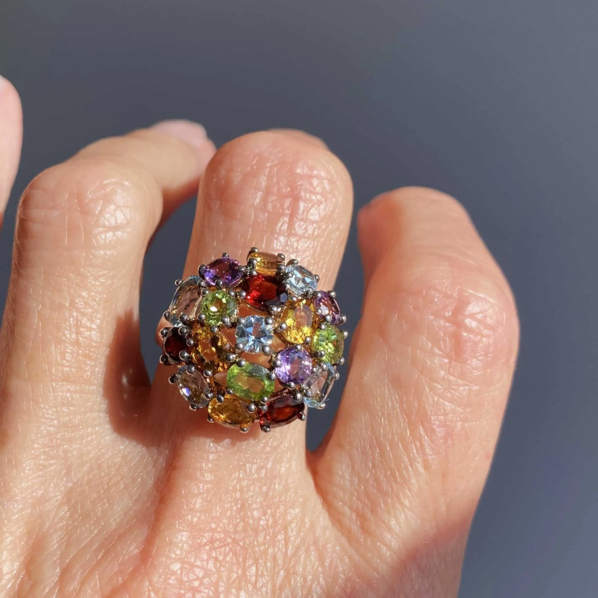 Vintage Multi Gemstone Cluster Dome Ring in Silver