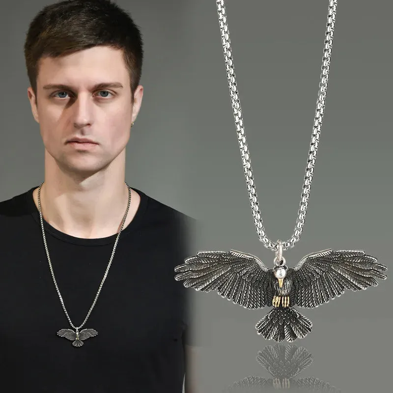 Vintage Punk Style Falcon Necklace Eagle Wings Pendant Necklace Male Trendy Hip Hop Stainless Steel Chain Necklace Jewelry