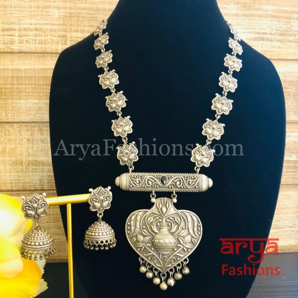 Vintage Silver Oxidized Rajwadi Necklace with Silver beads Jhumkas