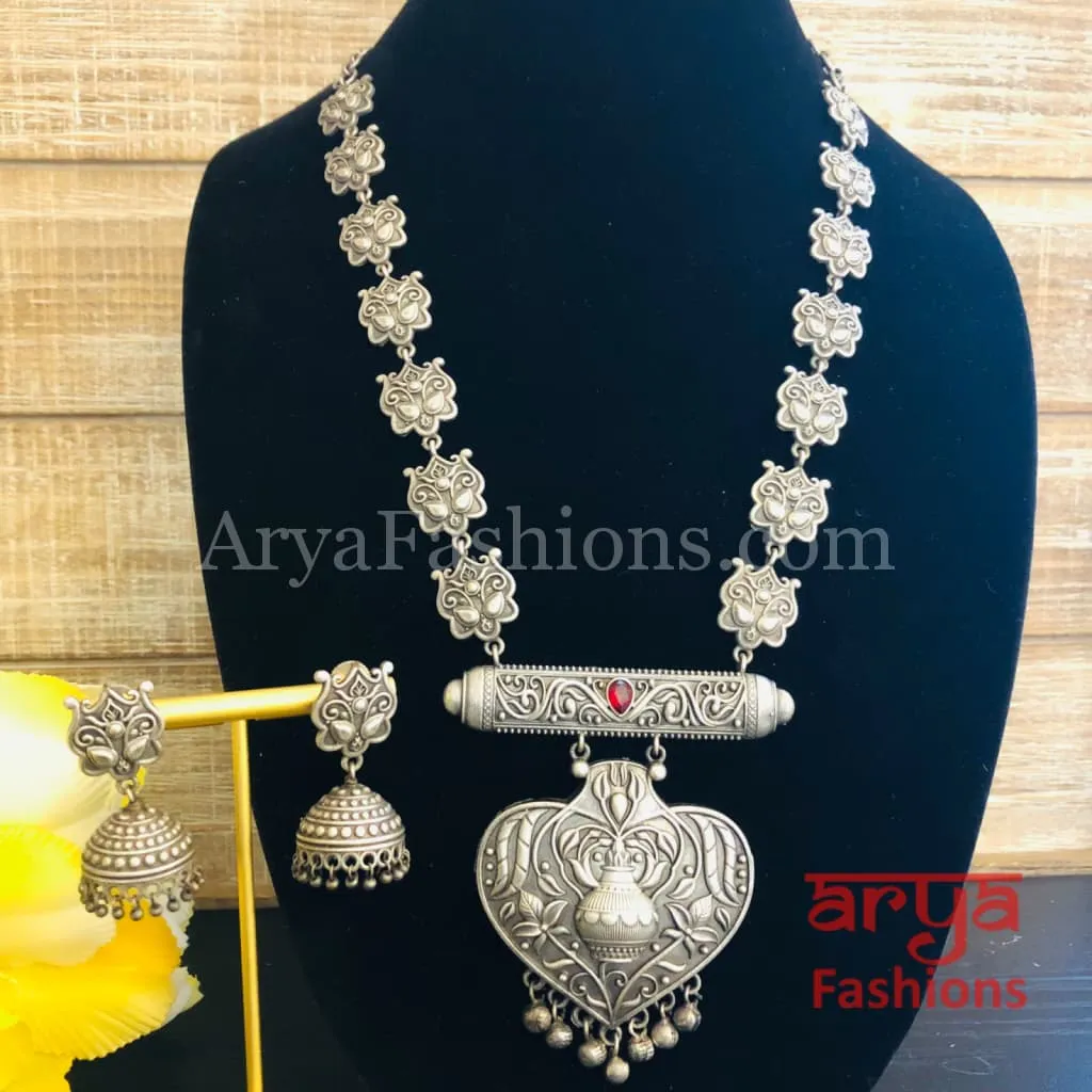 Vintage Silver Oxidized Rajwadi Necklace with Silver beads Jhumkas