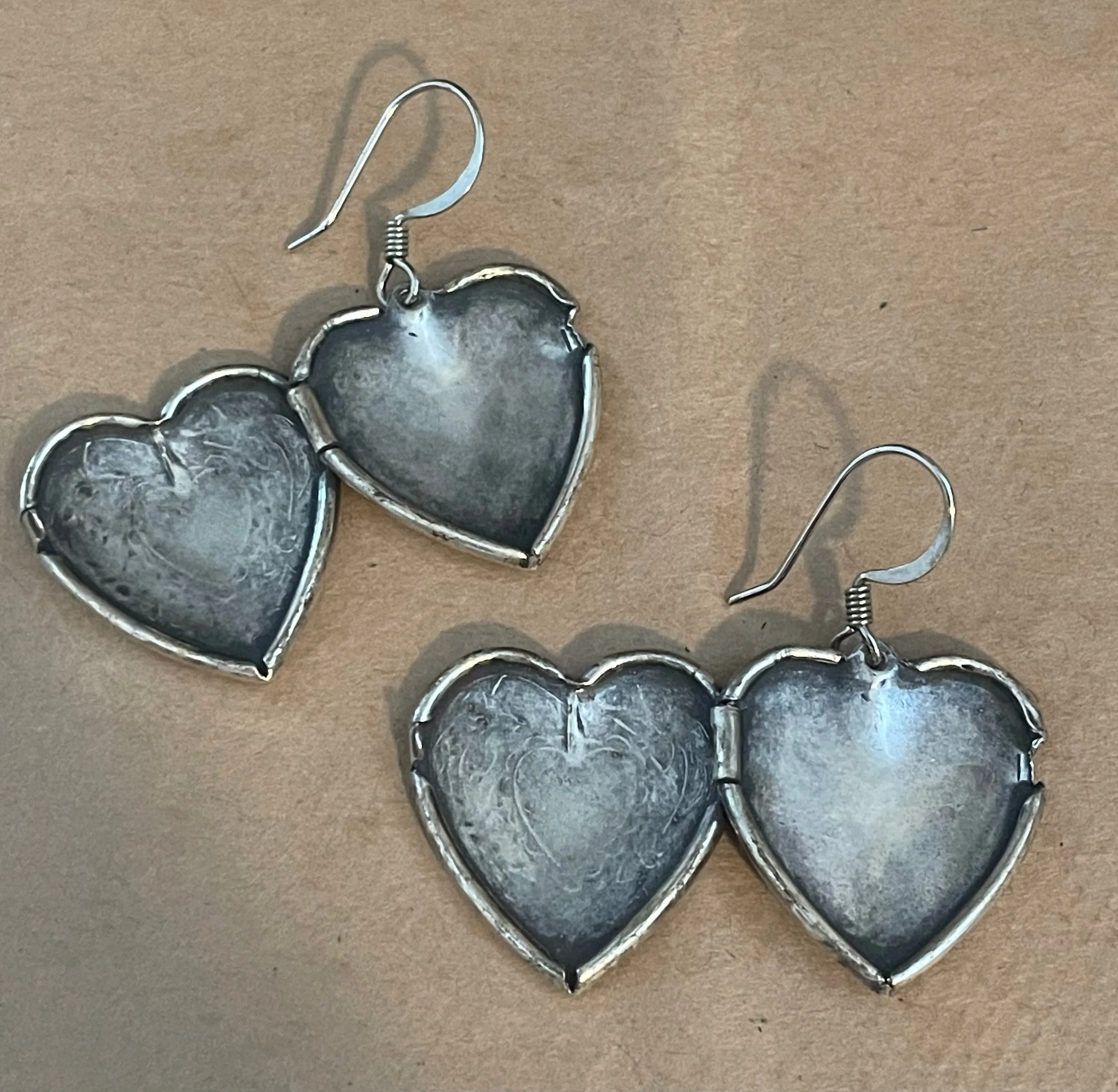 Vintage Silver Tone Heart Locket Drop Dangly French Wire Earrings