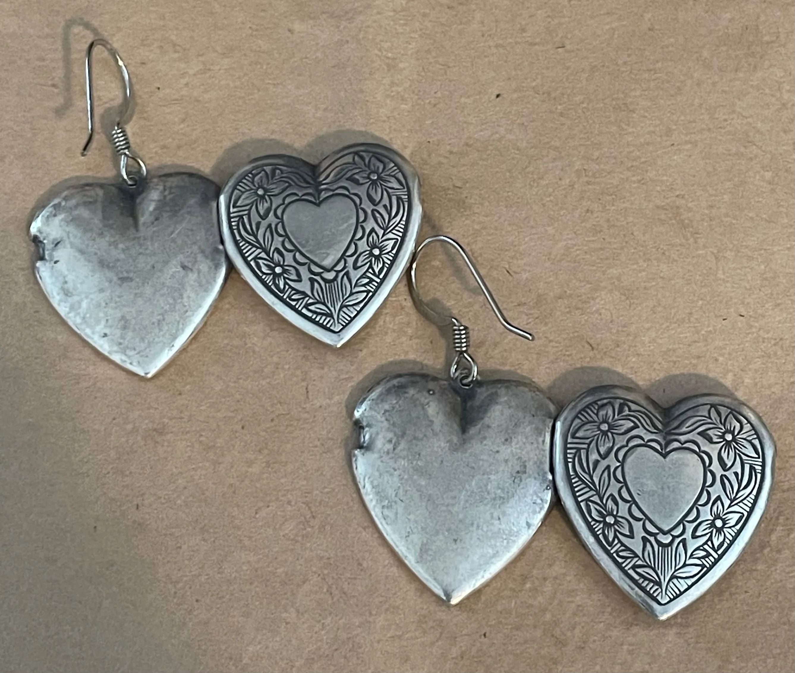 Vintage Silver Tone Heart Locket Drop Dangly French Wire Earrings