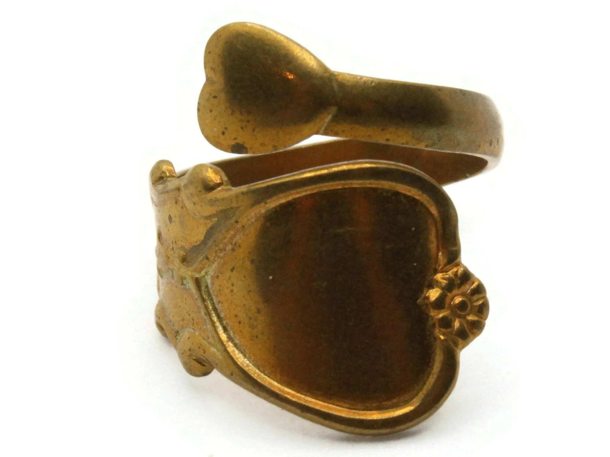 Vintage Unplated Brass Spoon Ring - Heart Ring - Adjustable Ring