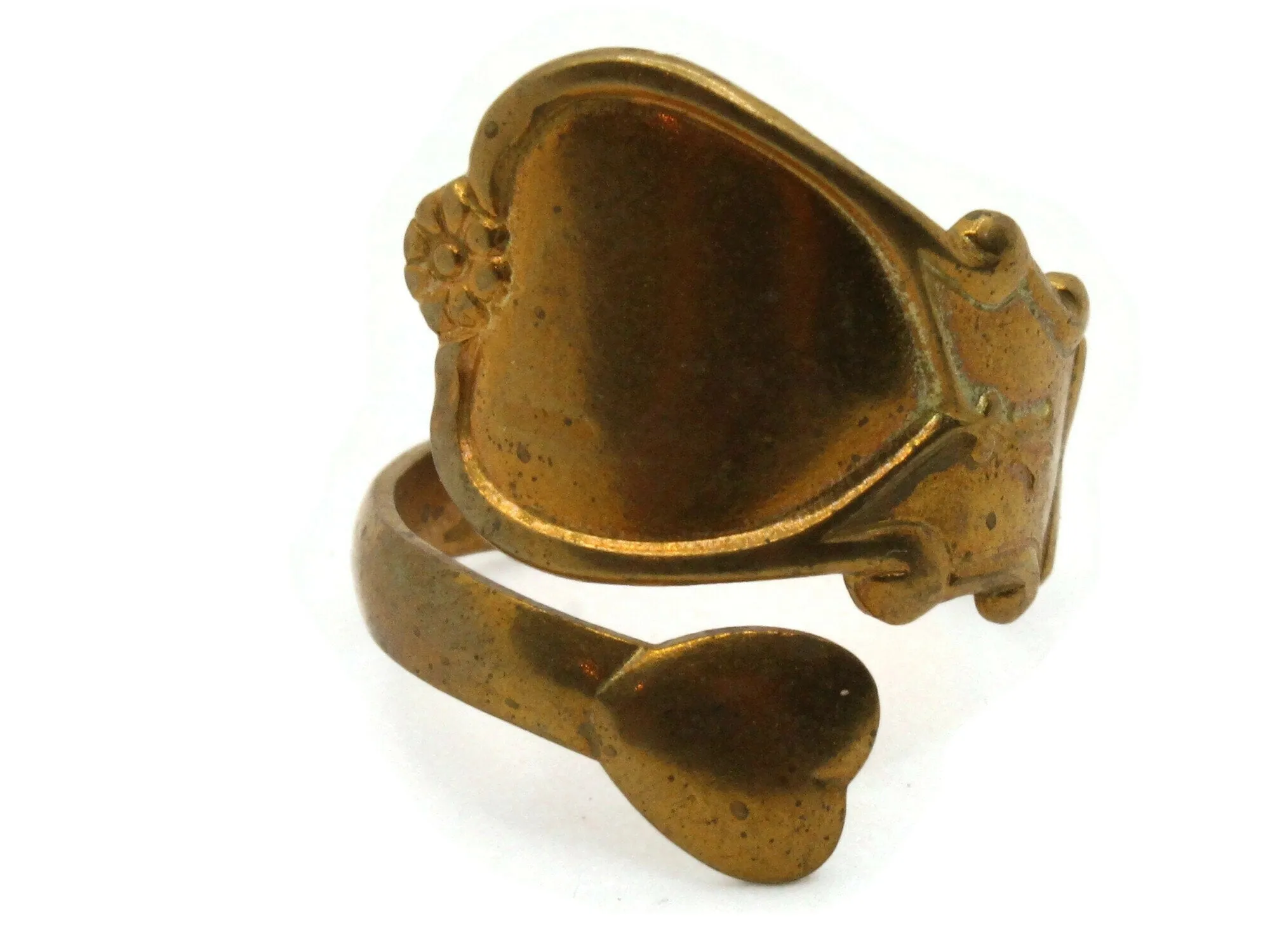 Vintage Unplated Brass Spoon Ring - Heart Ring - Adjustable Ring