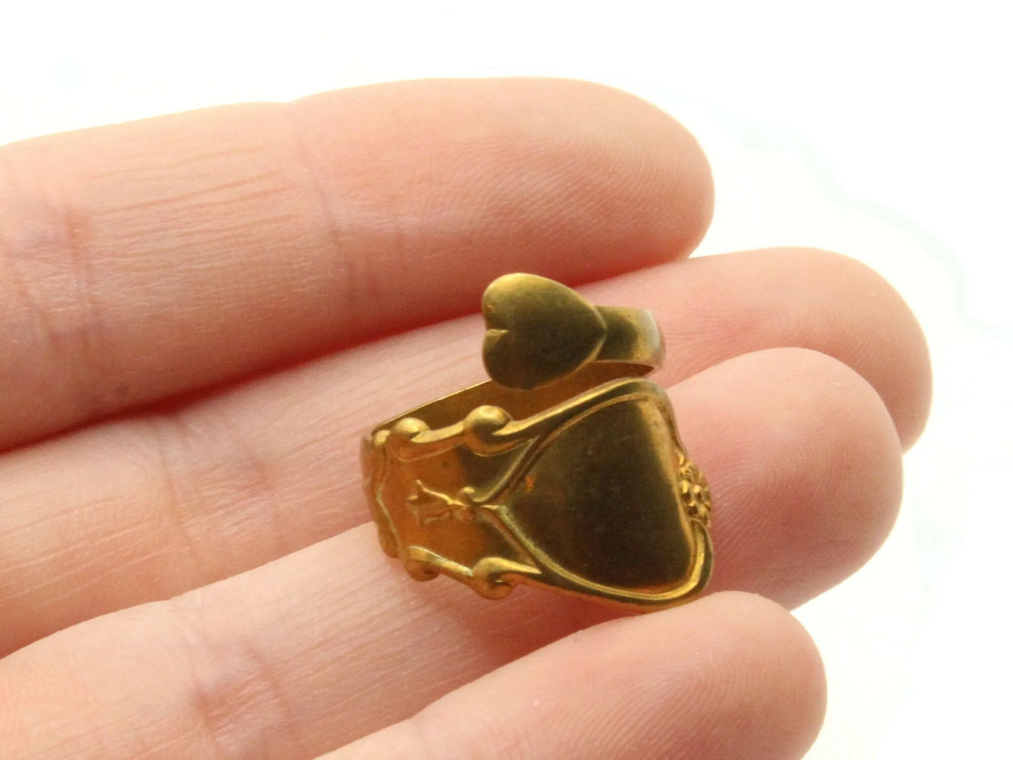 Vintage Unplated Brass Spoon Ring - Heart Ring - Adjustable Ring