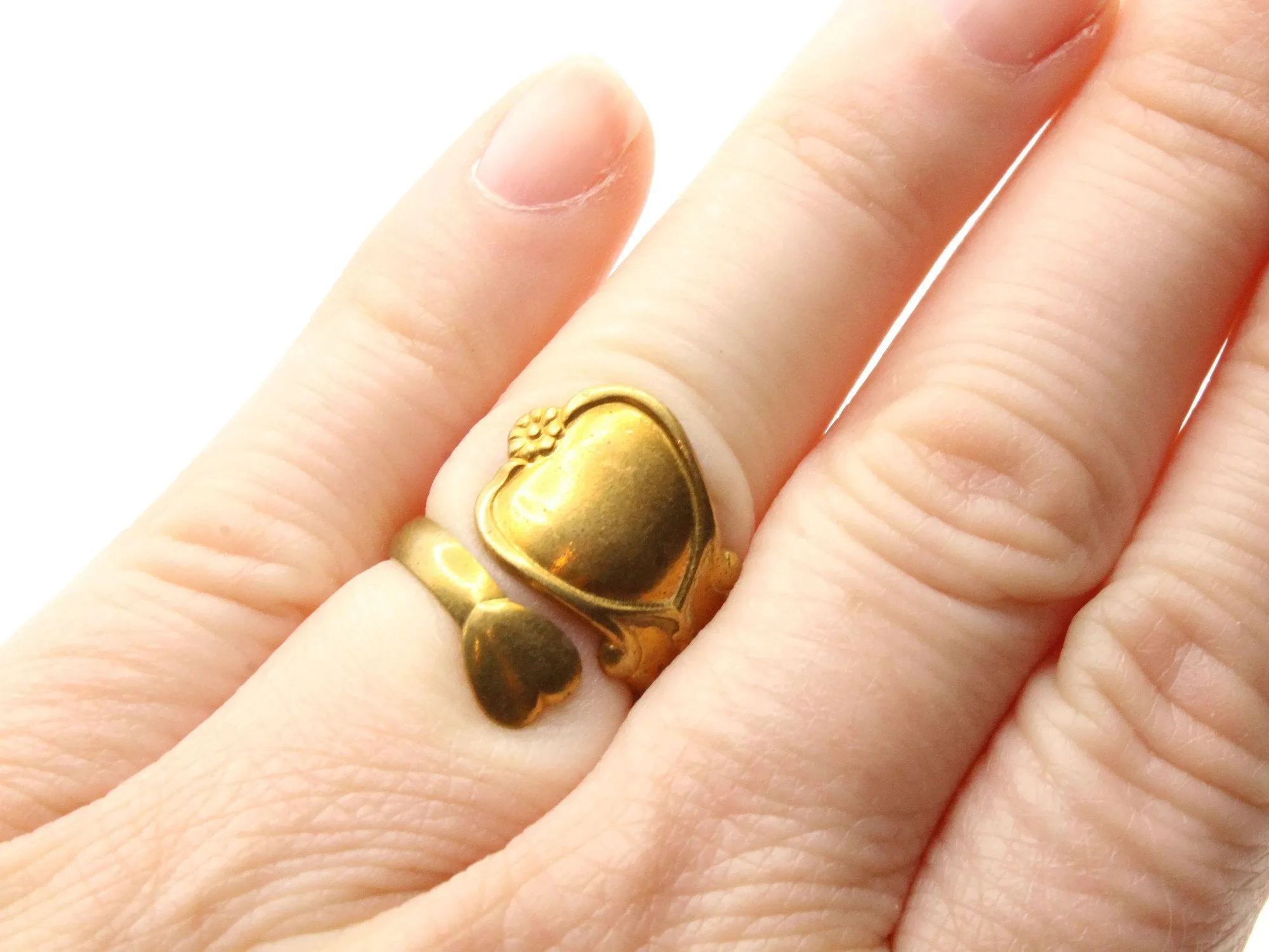 Vintage Unplated Brass Spoon Ring - Heart Ring - Adjustable Ring