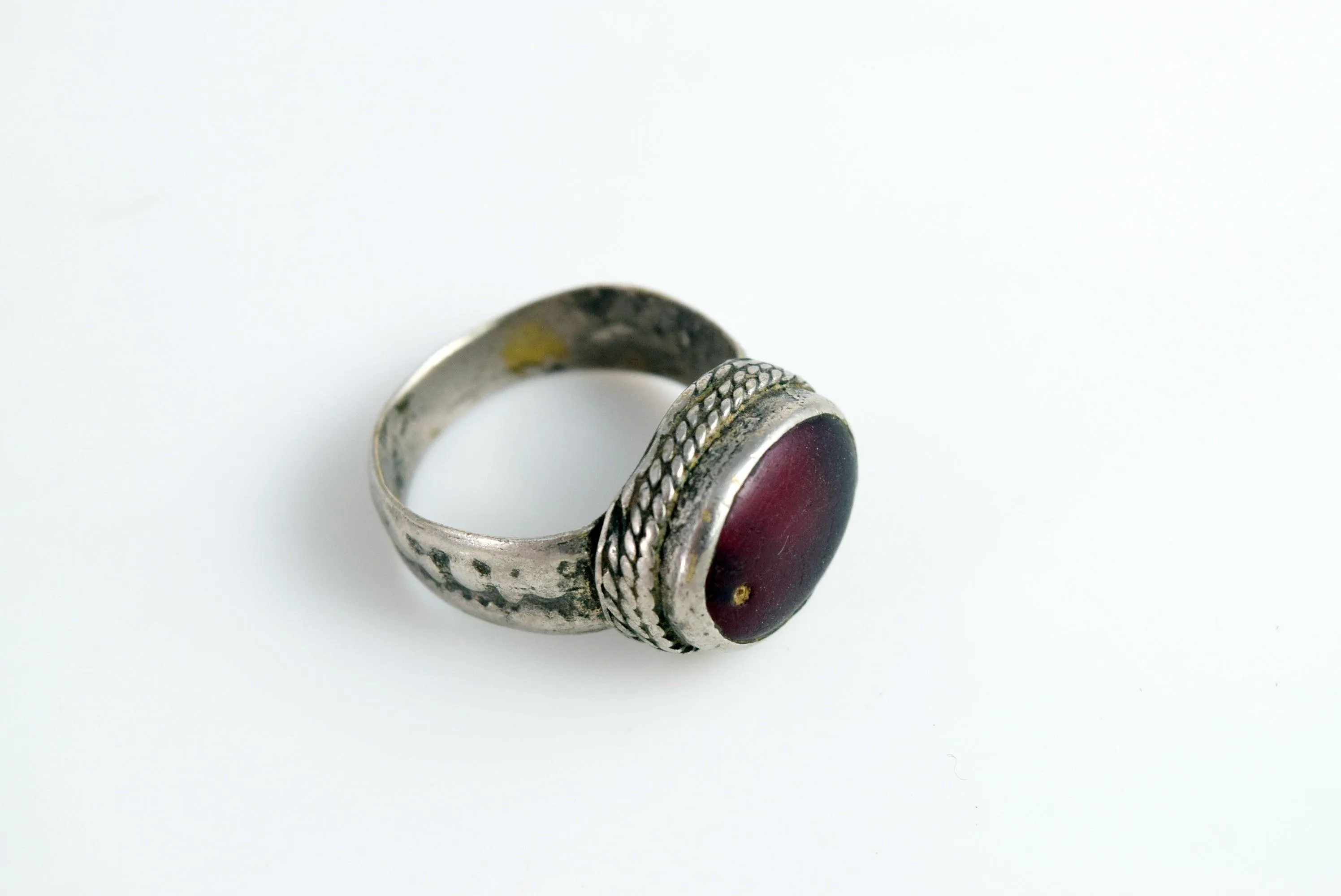 Vintage Yemeni Bedouin Ring with Red Glass Size 9 1/4