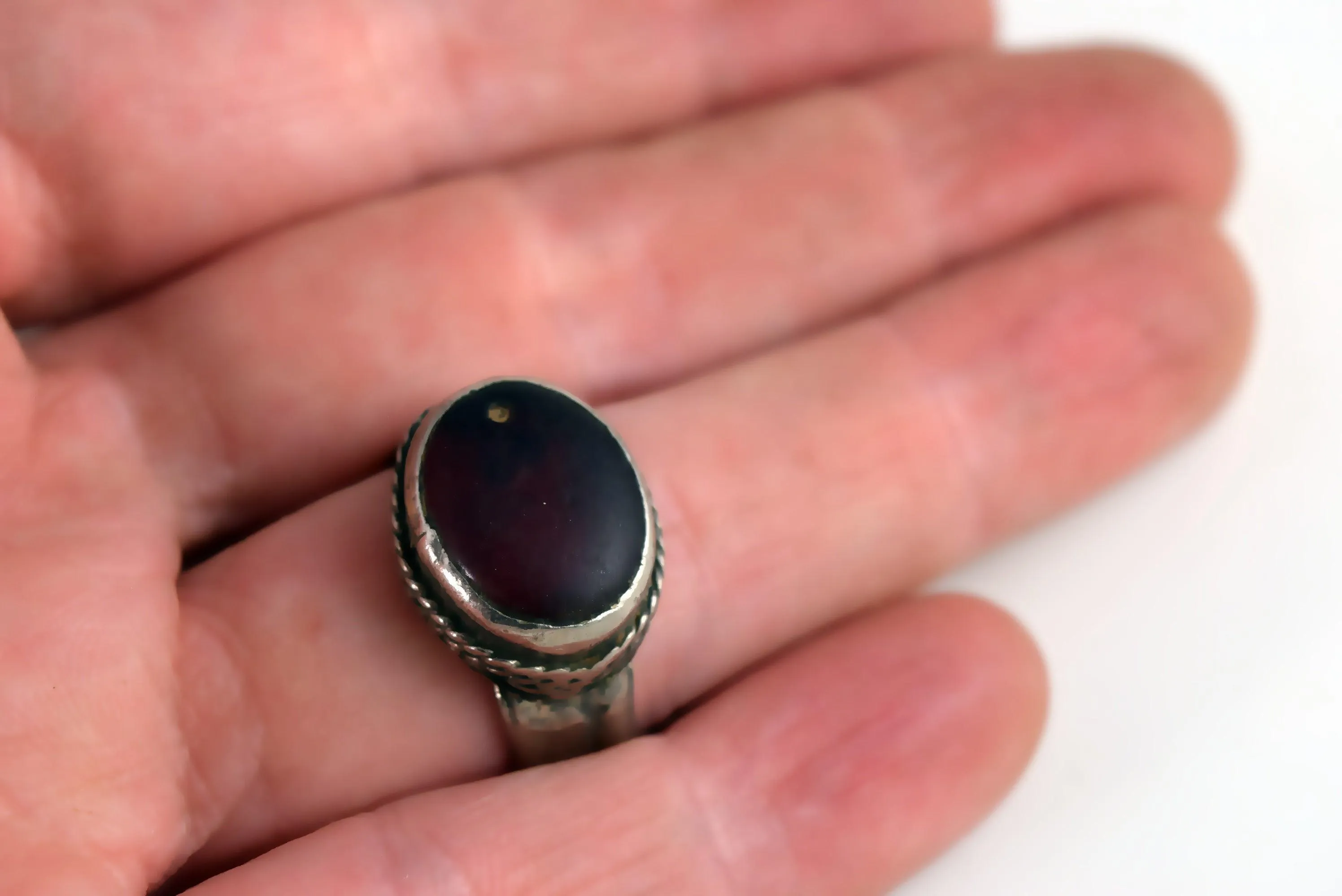 Vintage Yemeni Bedouin Ring with Red Glass Size 9 1/4