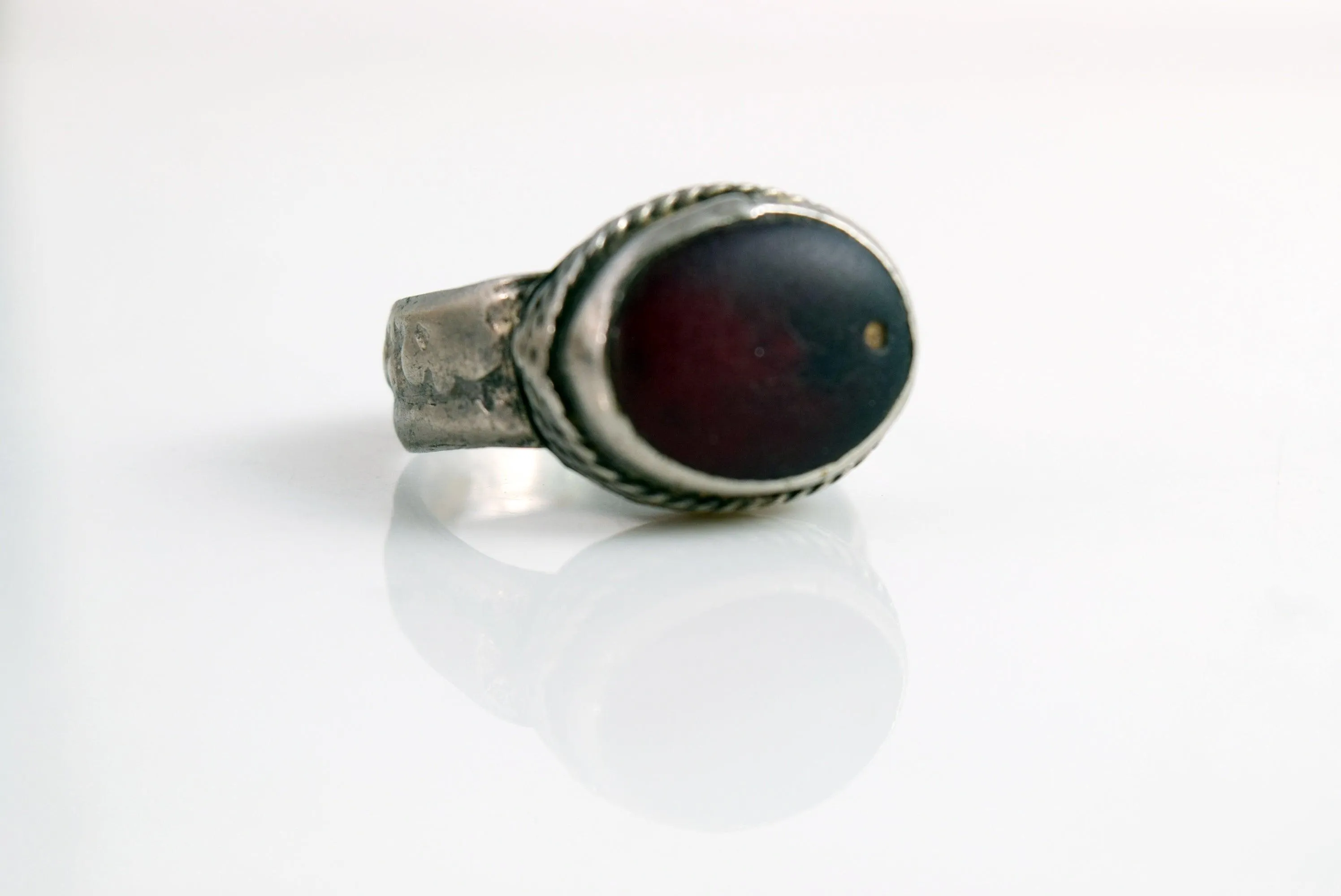 Vintage Yemeni Bedouin Ring with Red Glass Size 9 1/4