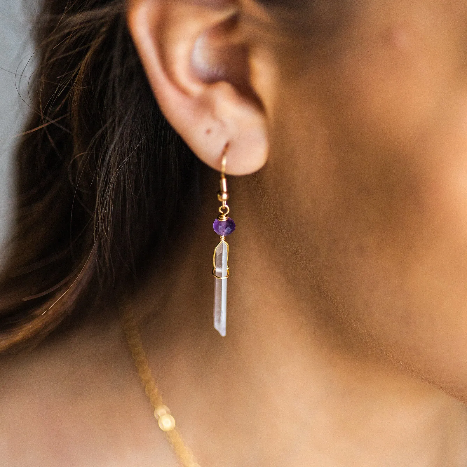 Wire Wrapped Crystal Earrings - Clear Quartz and Amethyst