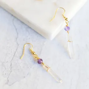 Wire Wrapped Crystal Earrings - Clear Quartz and Amethyst