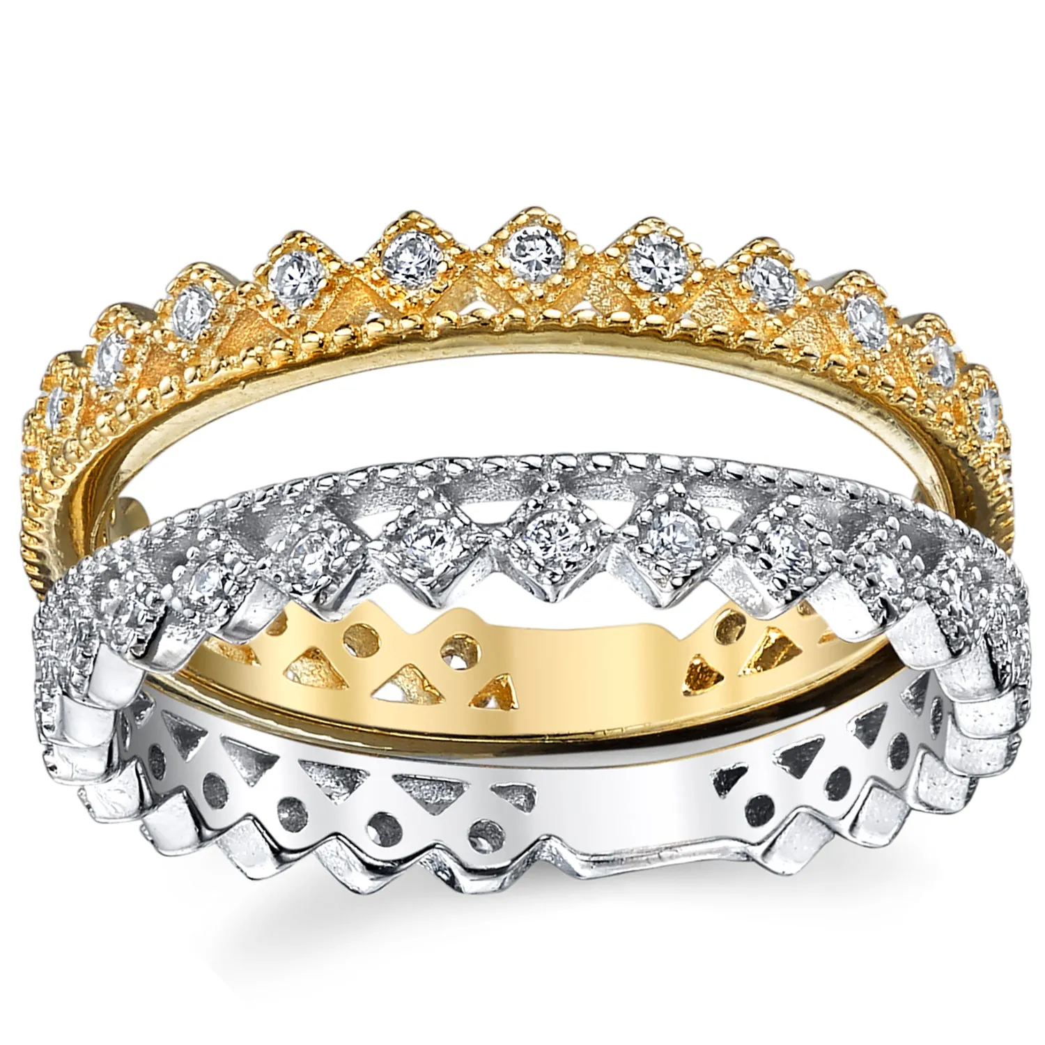 Women's Sterling Silver TwoTone Crown Tiara Stackable Ring Set Cubic Zirconia